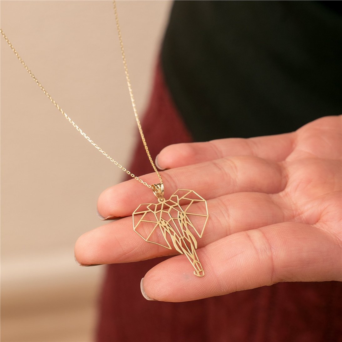 Goldstore-14k 18k Solid Gold Origami Elephant Necklace, Dainty Origami Angel Necklace, Detailed Cub Drawing Pendant, Animal Lover Gift Necklace