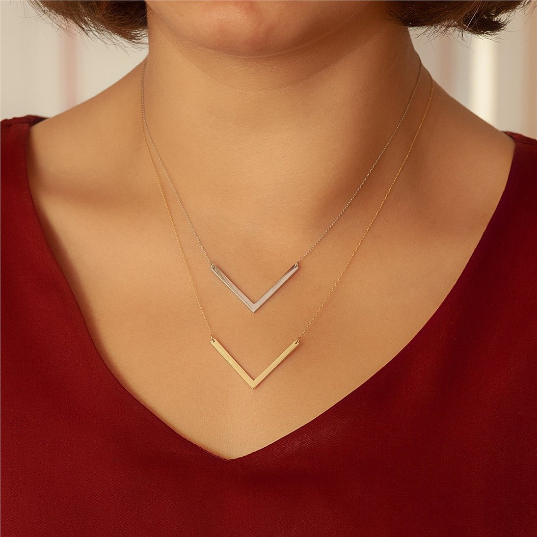 Goldstore-14K 18K Solid Gold Personalized V Bar Necklace, Solid Gold Chevron Bar Necklace, Engrave Name Date V Bar Necklace