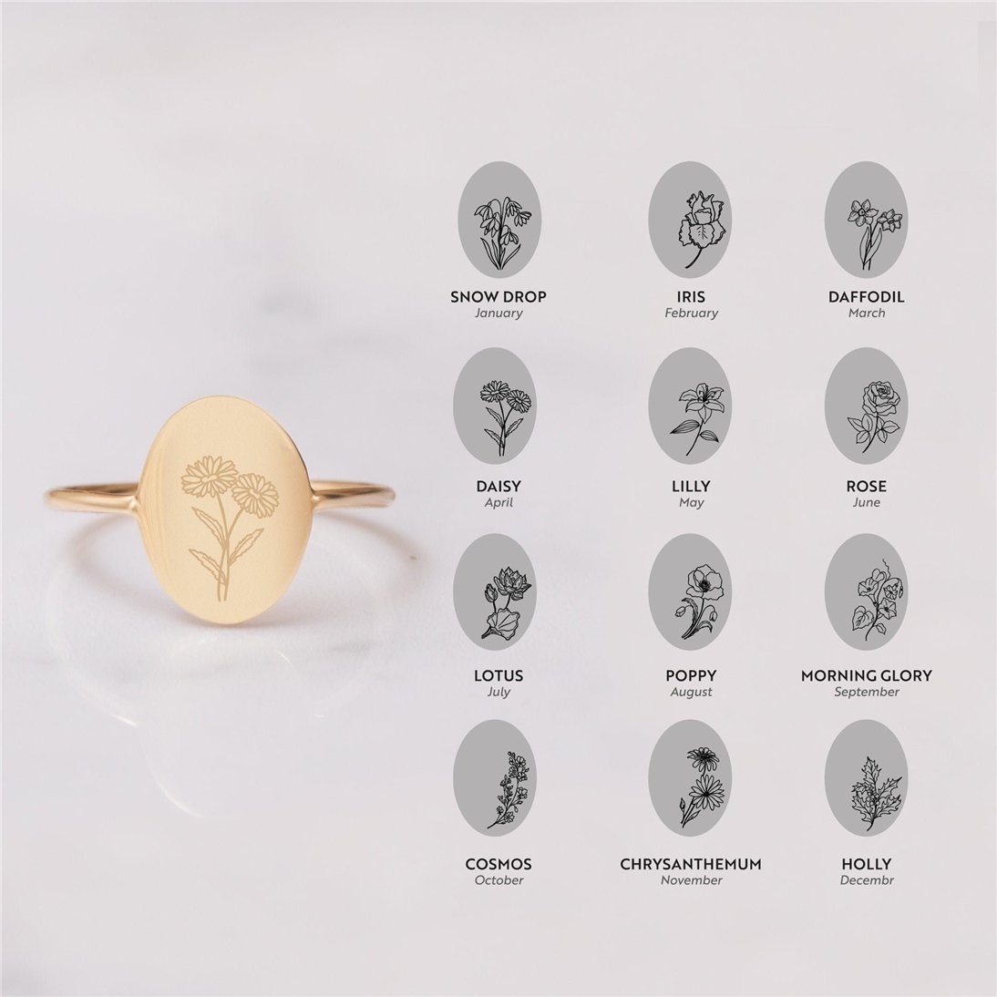 Goldstore-14K 18K Solid Gold Personalized Birth Flower Oval Ring, Combined Birth Month Floral Signet Ring, Custom Engrave Statement Ring Memorial Ring
