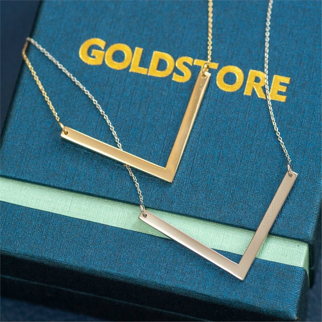 Goldstore-14K 18K Solid Gold Personalized V Bar Necklace, Solid Gold Chevron Bar Necklace, Engrave Name Date V Bar Necklace
