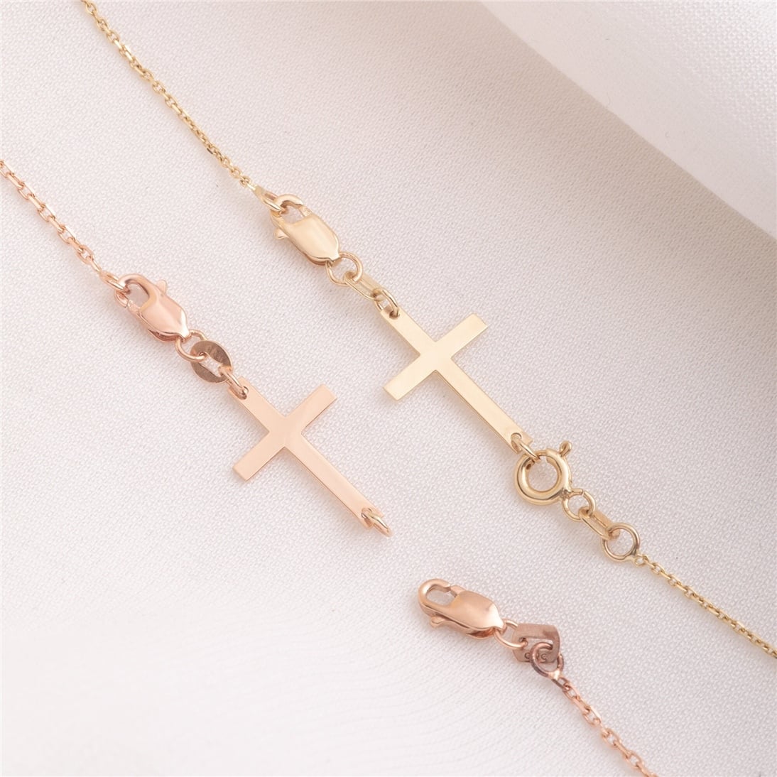 Goldstore-14k 18k Solid Gold Personalized Tiny Cross Tag, Necklace or Bracelet 1.5-inch Extender Engraved Bar Tag or Cross, Removable Cross Charm Gift