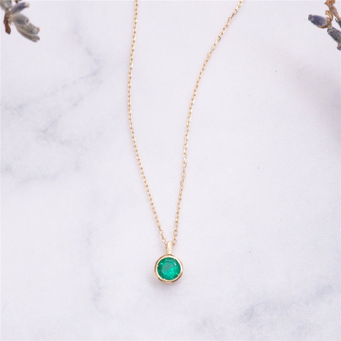 Goldstore-14K 18K Solid Gold Round Cut Genuine Emerald Necklace, Bezel Dainty Pendant Necklace, Round Emerald Natural Stone Necklace, Gift for Mothers