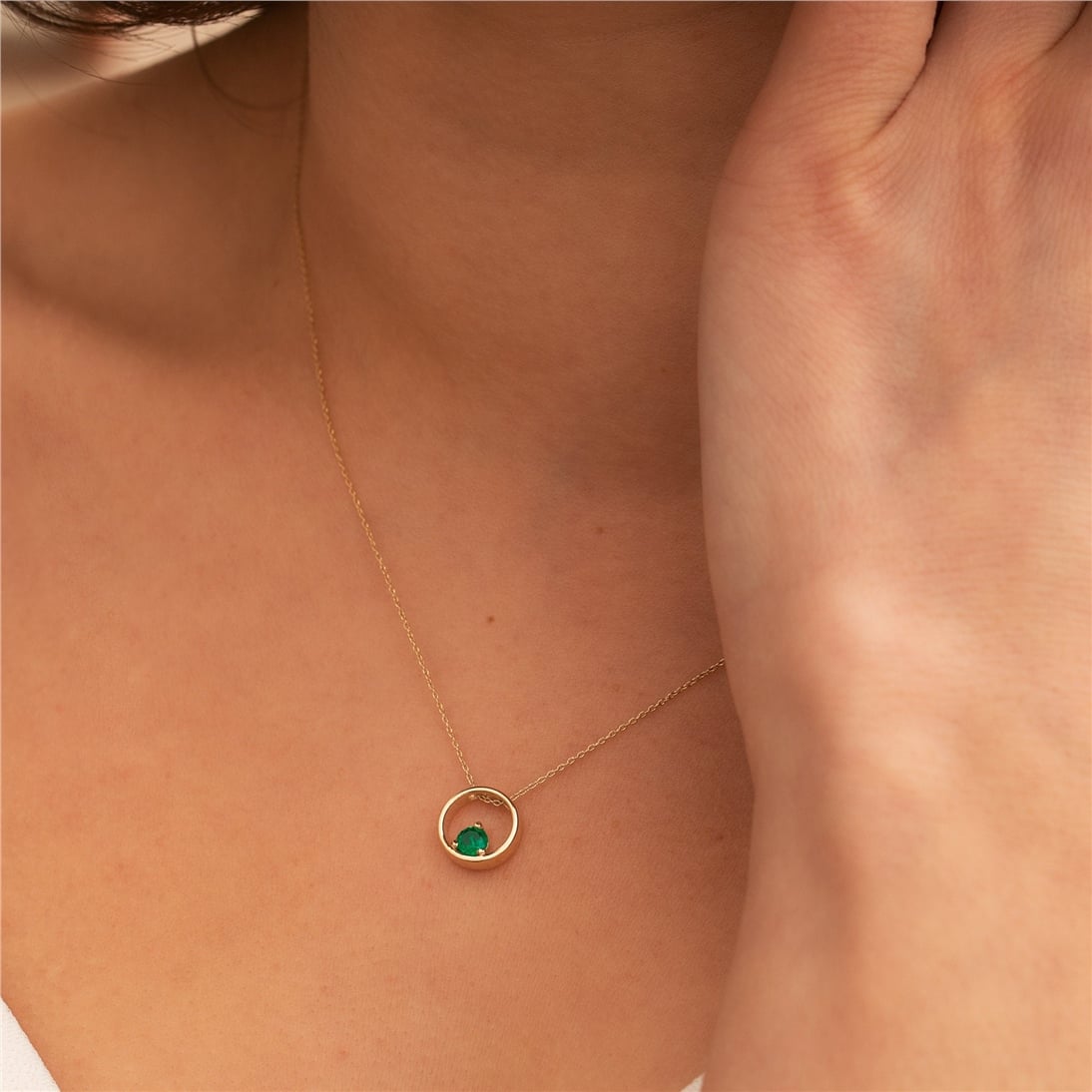 Goldstore-14K 18K Solid Gold Round Cut Genuine Emerald Necklace, Bezel Dainty Necklace, Crystal Solitaire Necklace, Birthstone Necklace, Ring Pendant