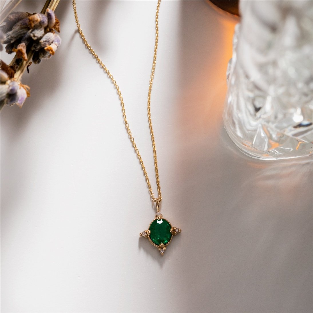 Goldstore-14K 18K Solid Gold Round Cut Genuine Emerald and Diamond Necklace, Bezel Dainty Pendant Necklace,  Muzo Green Round Necklace, May Birthstone
