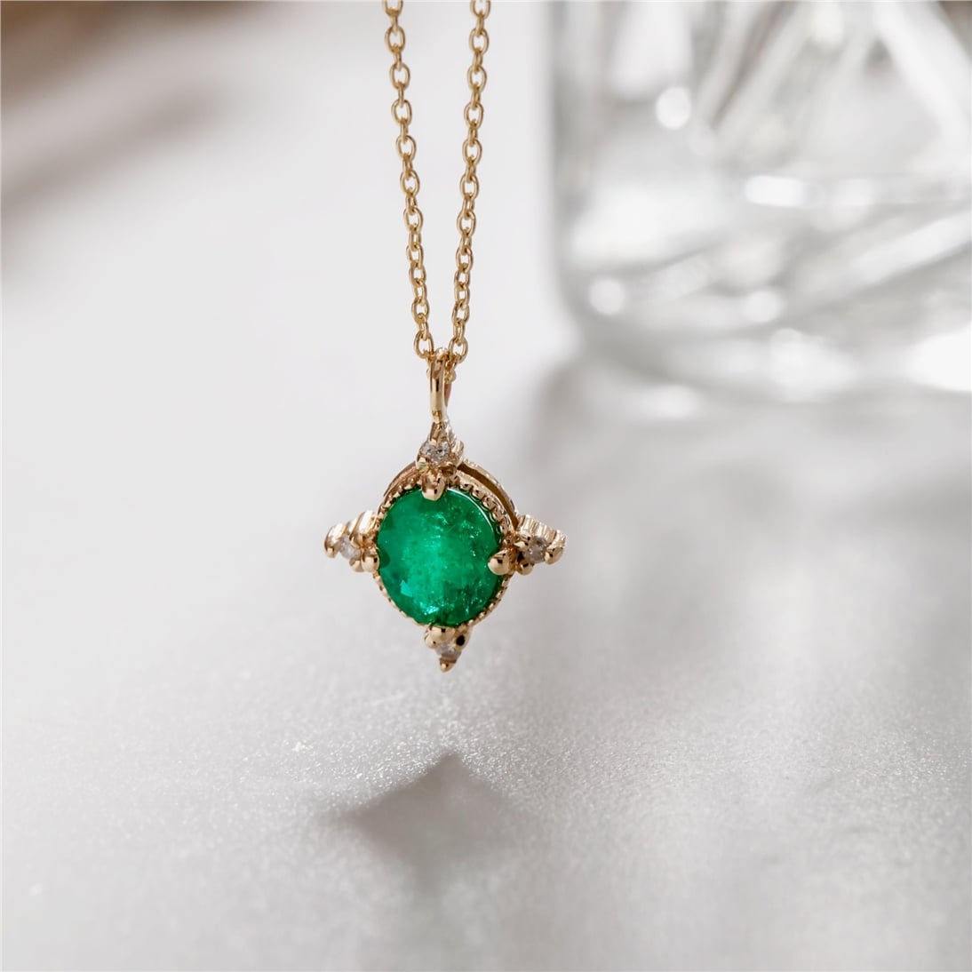 Goldstore-14K 18K Solid Gold Round Cut Genuine Emerald and Diamond Necklace, Bezel Dainty Pendant Necklace,  Muzo Green Round Necklace, May Birthstone