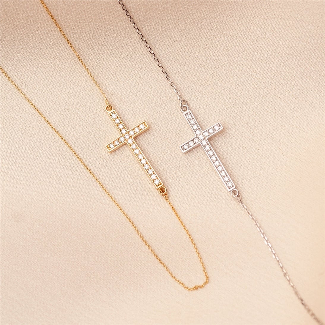Goldstore-14K 18K Solid Gold Sideways Diamond or Cz Cross Necklace, Celebrity Dainty Cross Charm Necklace, Choker Cross Necklace is Mother's Day Gift