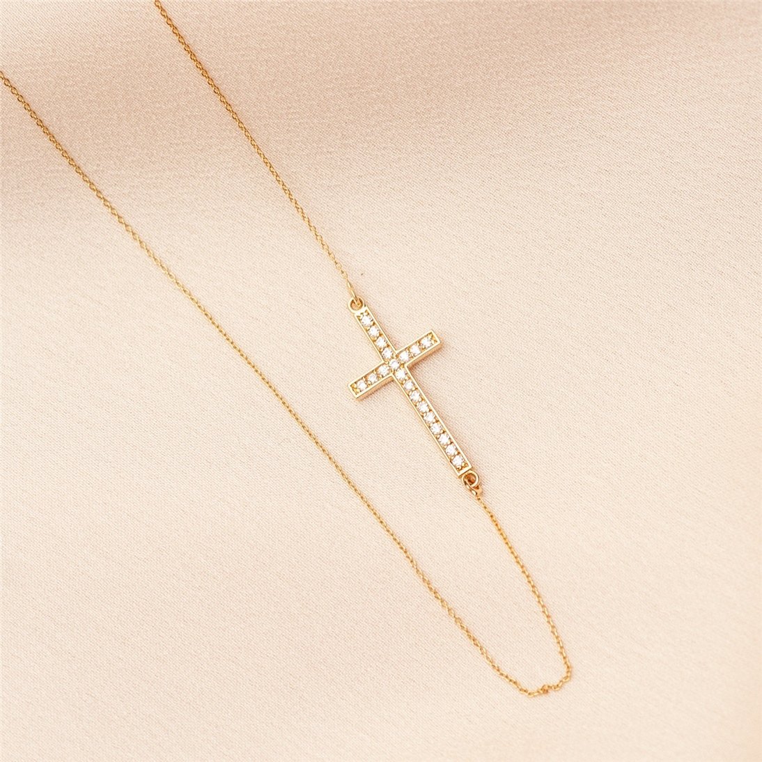 Goldstore-14K 18K Solid Gold Sideways Diamond or Cz Cross Necklace, Celebrity Dainty Cross Charm Necklace, Choker Cross Necklace is Mother's Day Gift