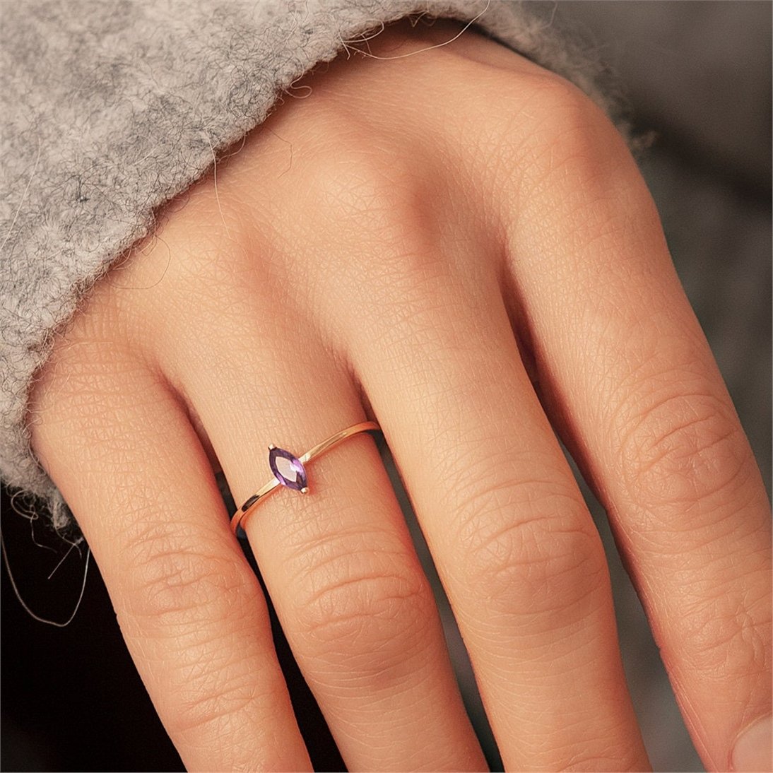 Goldstore-14K 18K Solid Gold Simple Marquise Ring, Dainty Natural Marquise Diamond or Gemstones Ring is a Great Gift For Her. Gift For Women