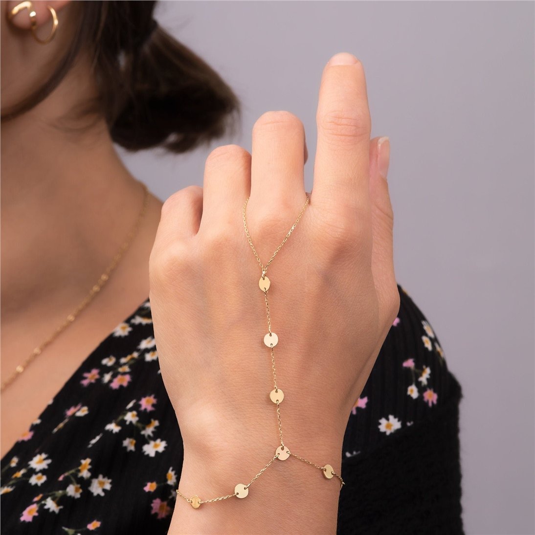 Goldstore-14K 18K Solid Gold Slave Bracelet, Minimal Disc Slave Bracelet, Bohemian Hand Chain Lariat Finger Bracelet, Handlet Jewelry Gift For Her.