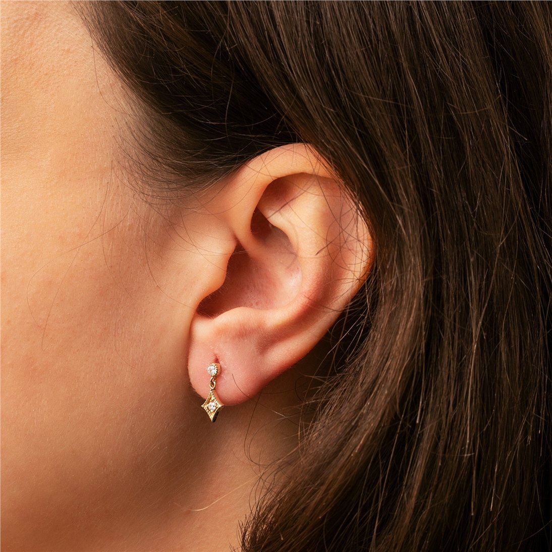 Goldstore-14K 18K Solid Gold Sparkling Cubic Earpin, Dainty Dangling White Stone Earrings, Everyday Jewelry, Cute Gift For Her