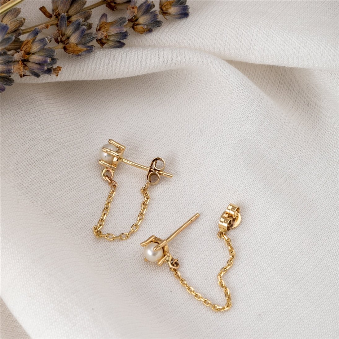 Goldstore-14K 18K Solid Gold Thread Chain Pearl Earrings, White Pearl Earrings With Dangling Chain, Stylish Everyday Jewelry, Great Gift For Her