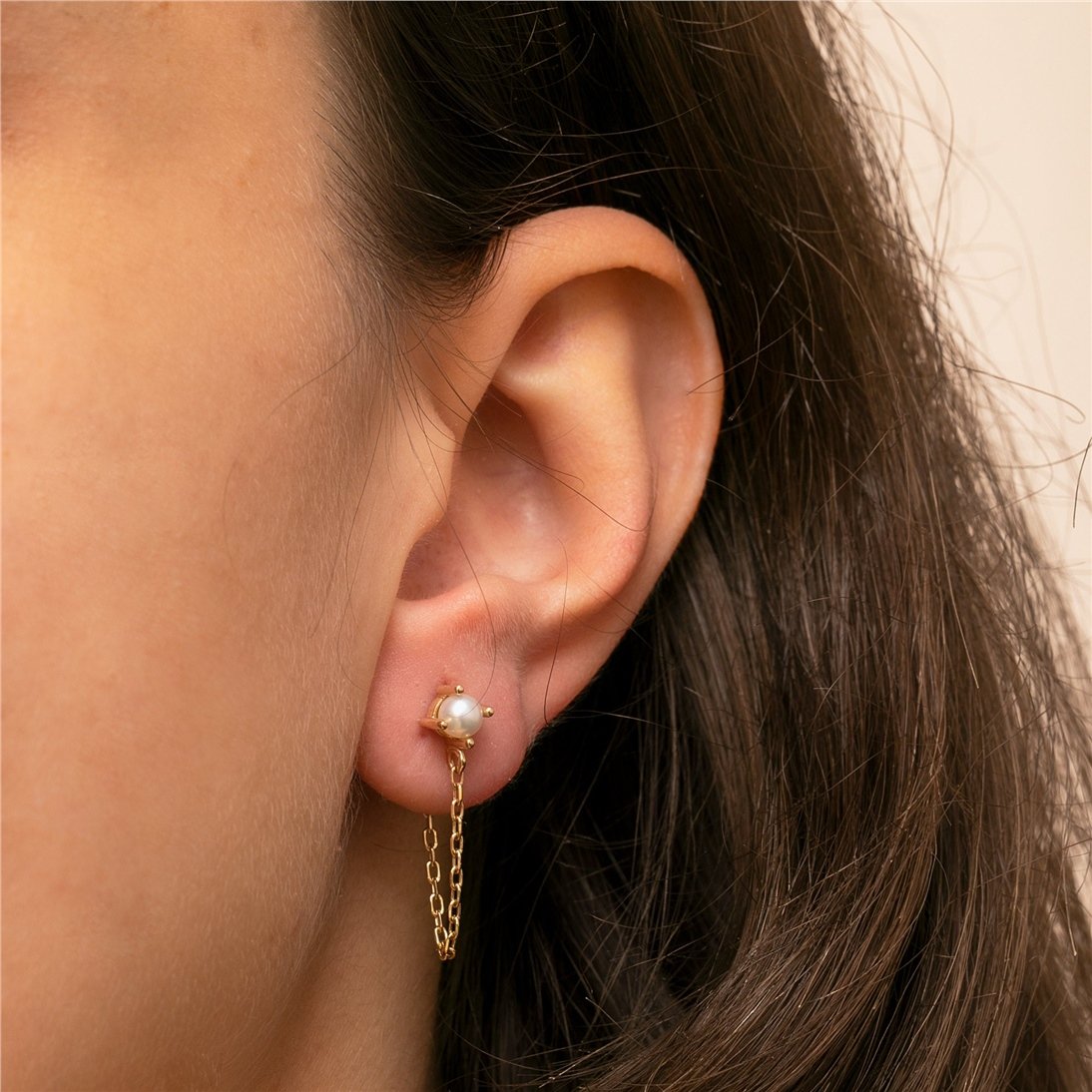 Goldstore-14K 18K Solid Gold Thread Chain Pearl Earrings, White Pearl Earrings With Dangling Chain, Stylish Everyday Jewelry, Great Gift For Her