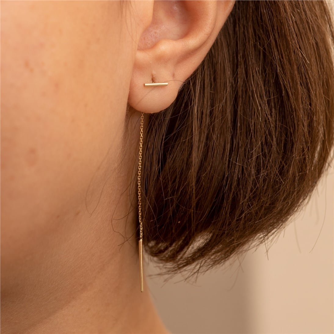 Goldstore-14k 18k Solid Gold Threader Bar Swing Earrings, Dainty Gold Dangling Earring is a Great Gift For Her. Gold Drop Chain Earrings