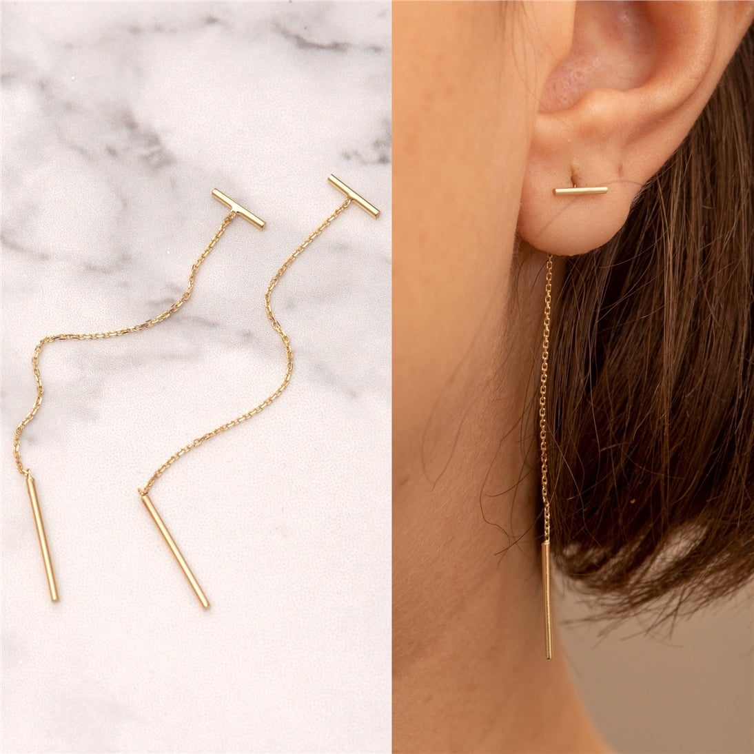 Goldstore-14k 18k Solid Gold Threader Bar Swing Earrings, Dainty Gold Dangling Earring is a Great Gift For Her. Gold Drop Chain Earrings