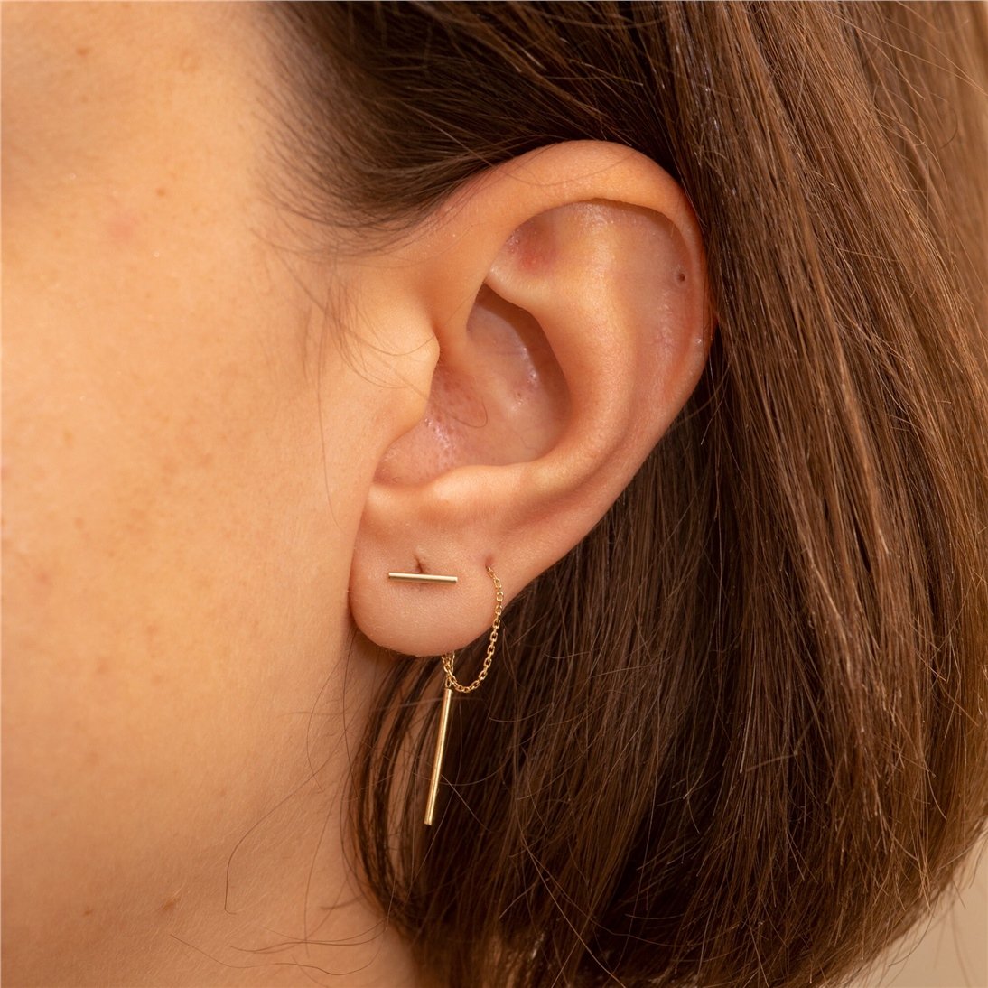 Goldstore-14k 18k Solid Gold Threader Bar Swing Earrings, Dainty Gold Dangling Earring is a Great Gift For Her. Gold Drop Chain Earrings