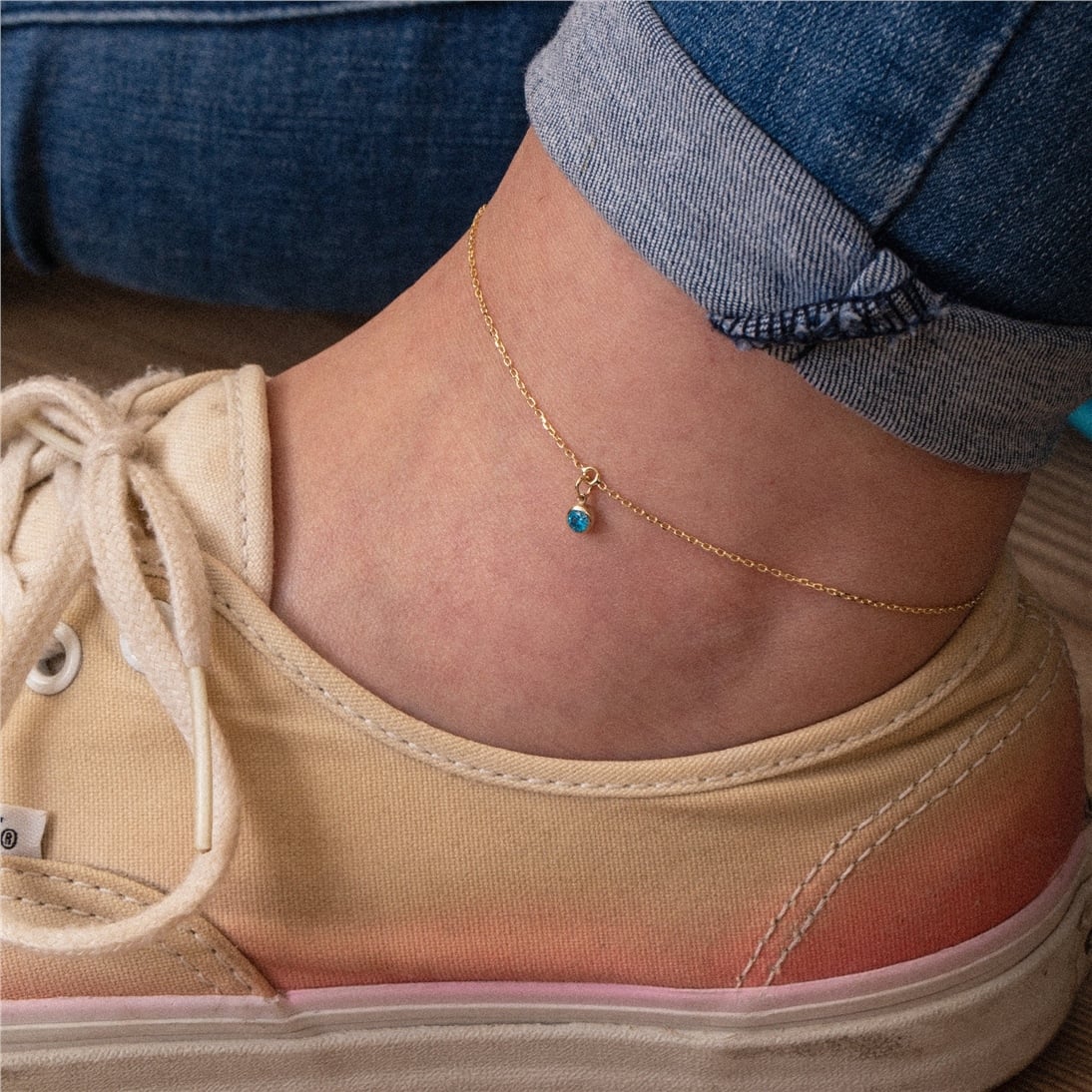 Goldstore-14K 18K Solid Gold Tiny Birthstone Anklet, Personalized Ankle Bracelet, Dainty Anklet, Dangle CZ Stone Birthstone Anklet, Mother's Day Gift