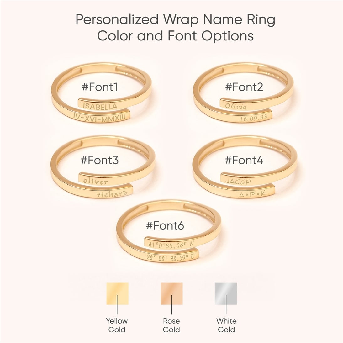 Goldstore-14K or 18K Gold Personalized Wrap Ring, Simple Custom Wrap Ring Available to Engrave Name, Date, Coordinates etc. Great Gift For Mom.