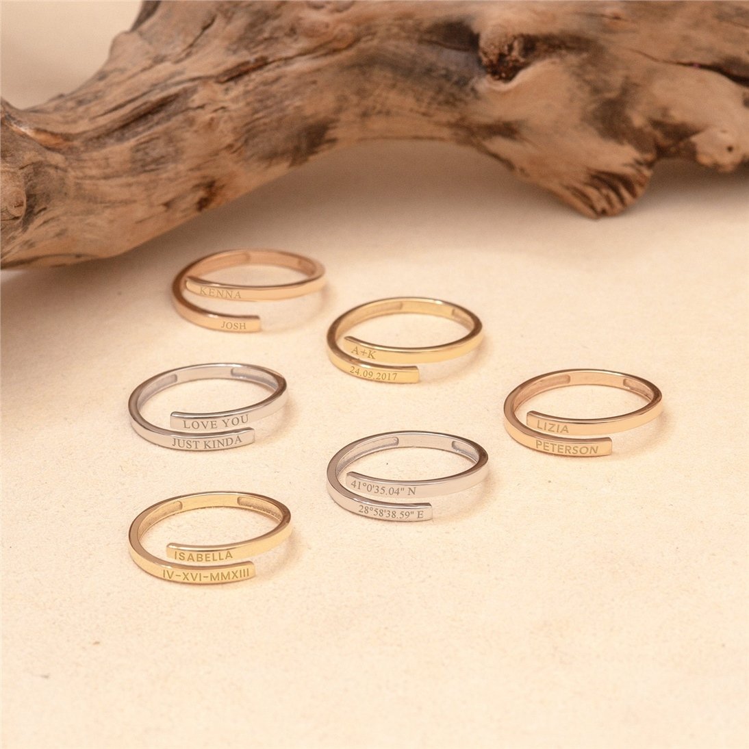 Goldstore-14K or 18K Gold Personalized Wrap Ring, Simple Custom Wrap Ring Available to Engrave Name, Date, Coordinates etc. Great Gift For Mom.