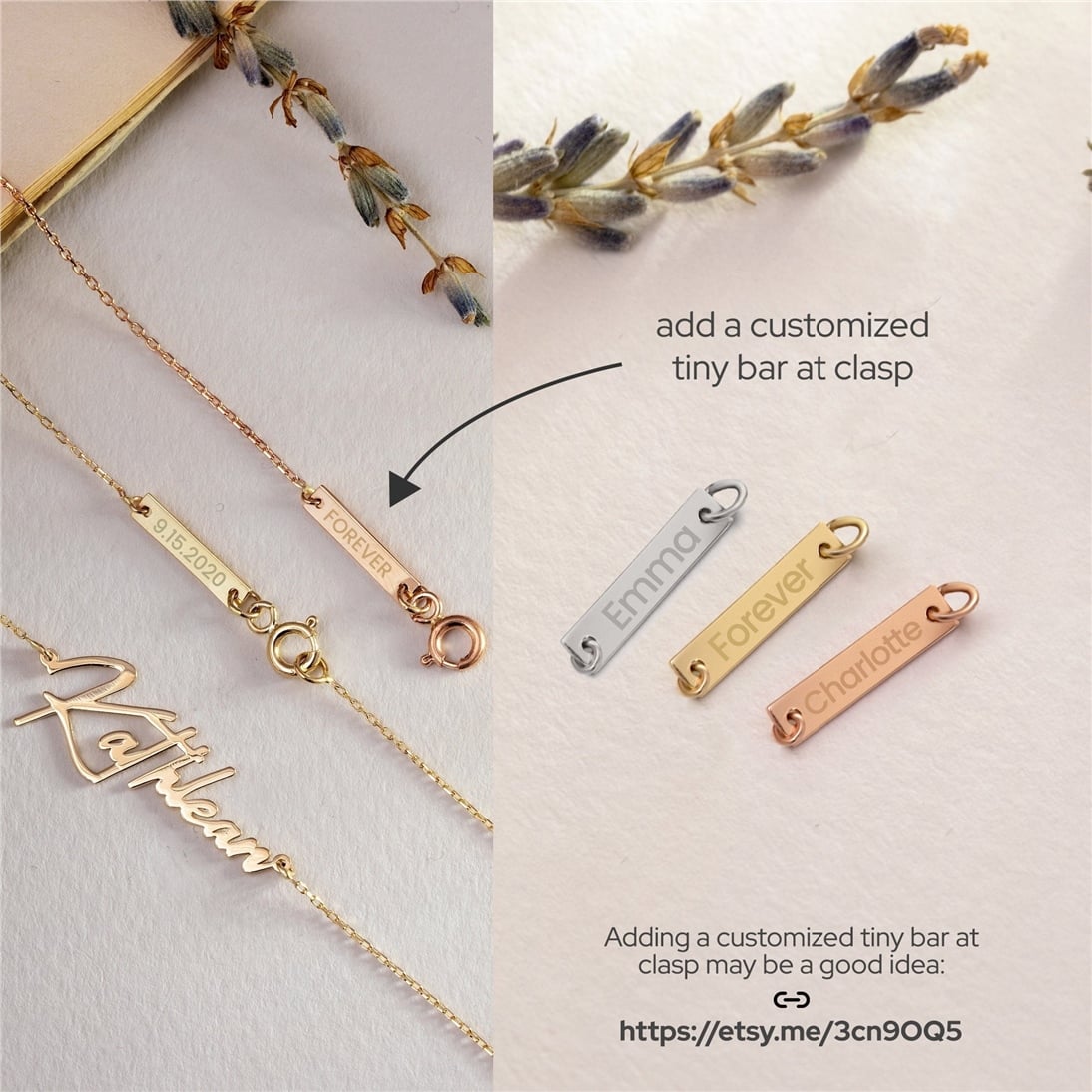 Goldstore-14K or 18K Solid Gold Tiny Bar Tag Add-on Available for existing ORDER, Customized Engraved Dainty Bar Tag at Clasp for Necklace Bracelet