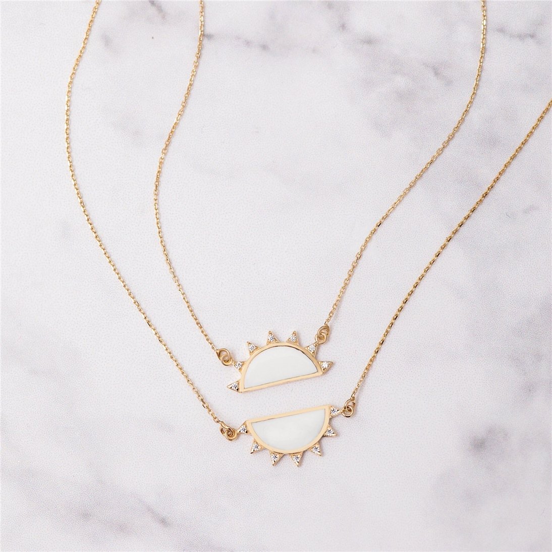 Goldstore-14k or 18k Solid Gold Two Halves Sun Necklace, White Black Enamel Gold Sun Necklace Set, Mother and Daughter Sun Gold Necklace is Gift Her