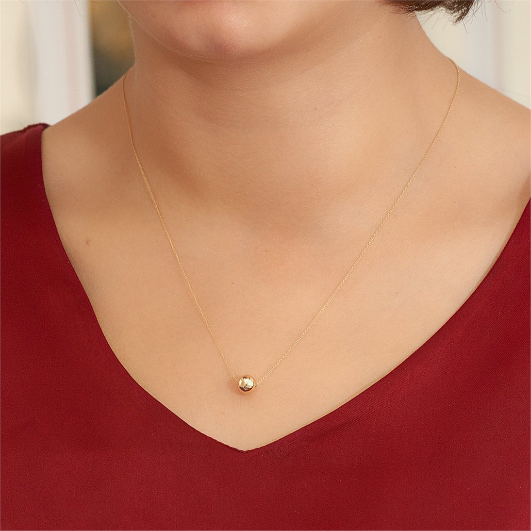 Goldstore-14K Real Gold Simple Ball Necklace, Floating Yellow solid Gold Ball Necklace, Large Dainty Solid 14k Gold Hollow Ball Necklace, Gift for Her
