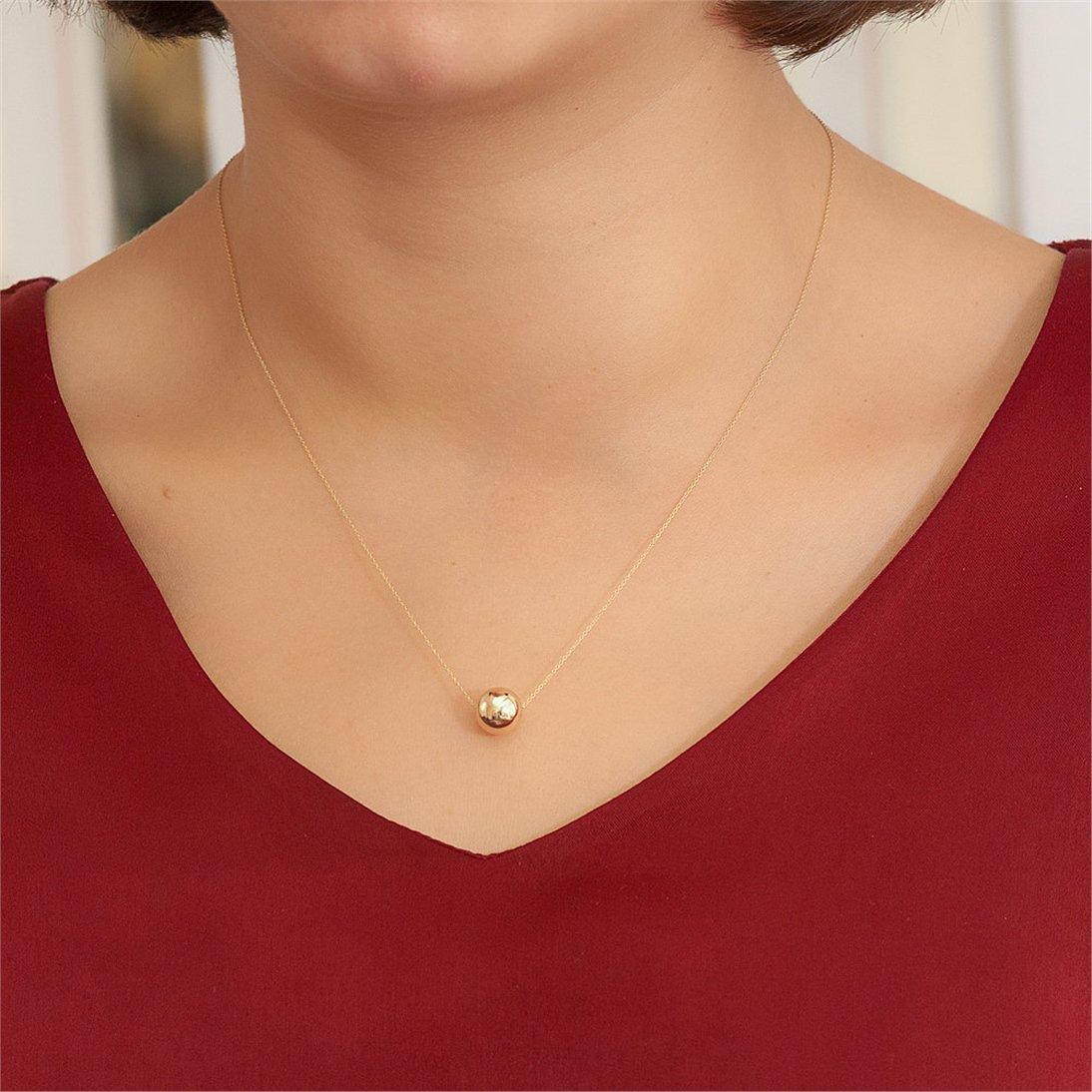 Goldstore-14K Real Gold Simple Ball Necklace, Floating Yellow solid Gold Ball Necklace, Large Dainty Solid 14k Gold Hollow Ball Necklace, Gift for Her