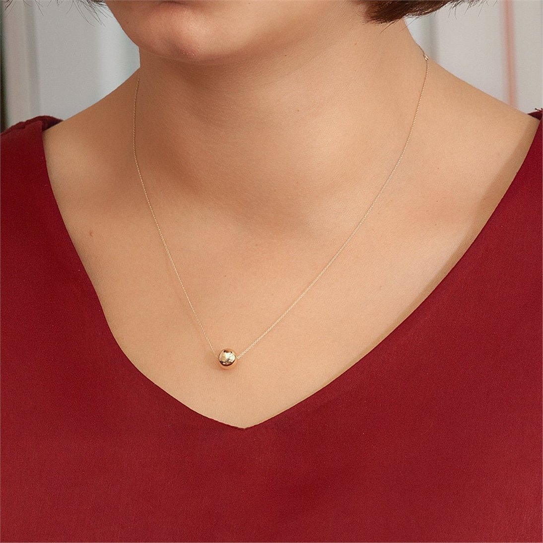 Goldstore-14K Real Gold Sparkle Ball Necklace, Minimalist Gold Ball Charm Necklace, Yellow Gold Bead Ball Choker Necklace, Tiny Sphere Daily Necklace