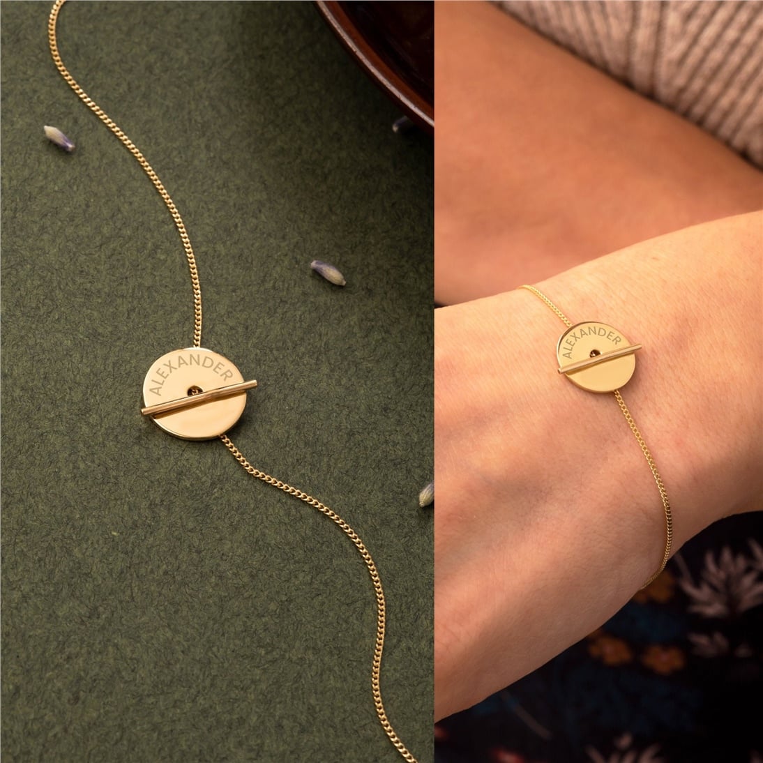 Goldstore-14K Real Solid Gold Personalized Disc and Bar Bracelet, Custom Name Date Engraved Disc Gold Bracelet, Disk Tag Bracelet Gift for Mom For Her