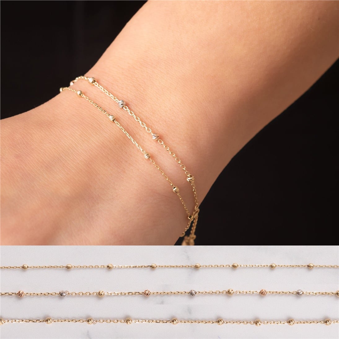 Goldstore-14k Solid Beaded Satellite Bracelet, Yellow 14k Real Gold Round Ball Dainty Bracelet is Great Gift For Her, Gift For Mom & Graduation Gift