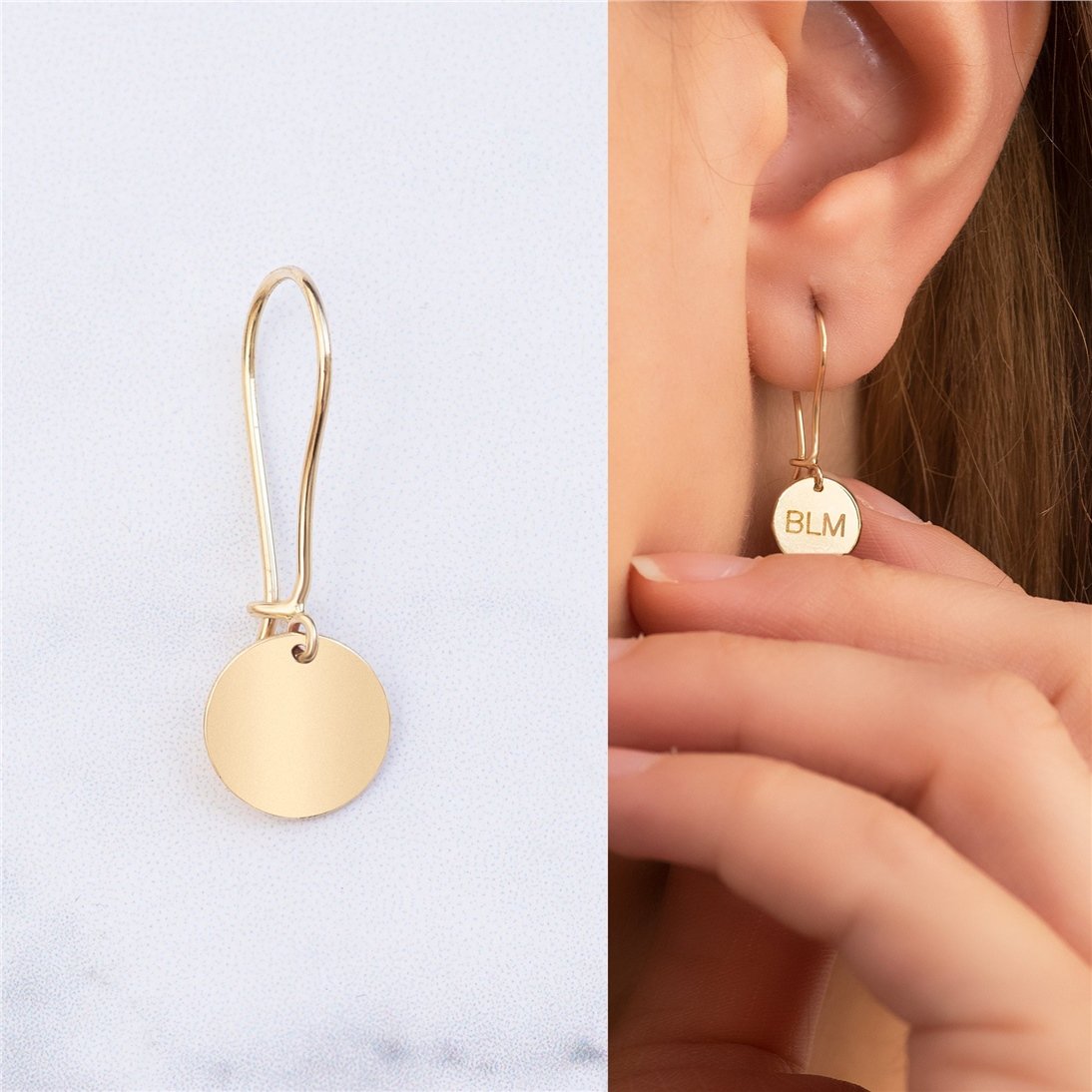 Goldstore-14K Solid Custom Engrave Disk Earring, Tiny Gold Circle Earring, Personalized Drop Round Gold Earrings, Real Gold Gold Dangle Disk Earrings