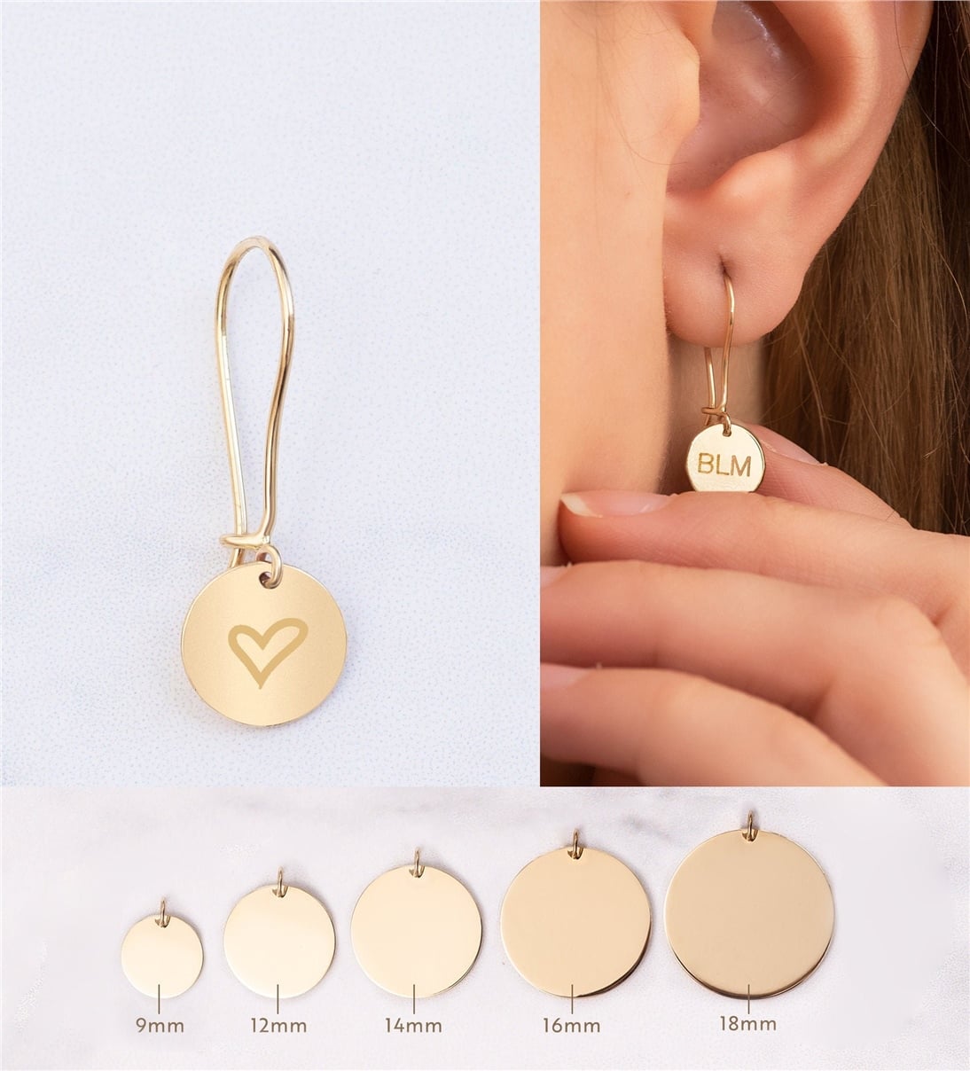 Goldstore-14K Solid Custom Engrave Disk Earring, Tiny Gold Circle Earring, Personalized Drop Round Gold Earrings, Real Gold Gold Dangle Disk Earrings