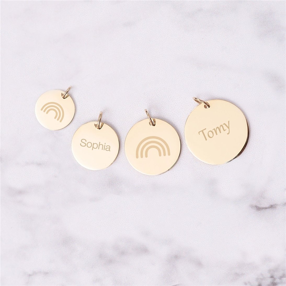 Goldstore-14K Solid Custom Engrave Rainbow Disk Necklace, Personalized Dainty Charm Pendant, Real Gold 2 Side Engravable Multi Disc Pendant Gift
