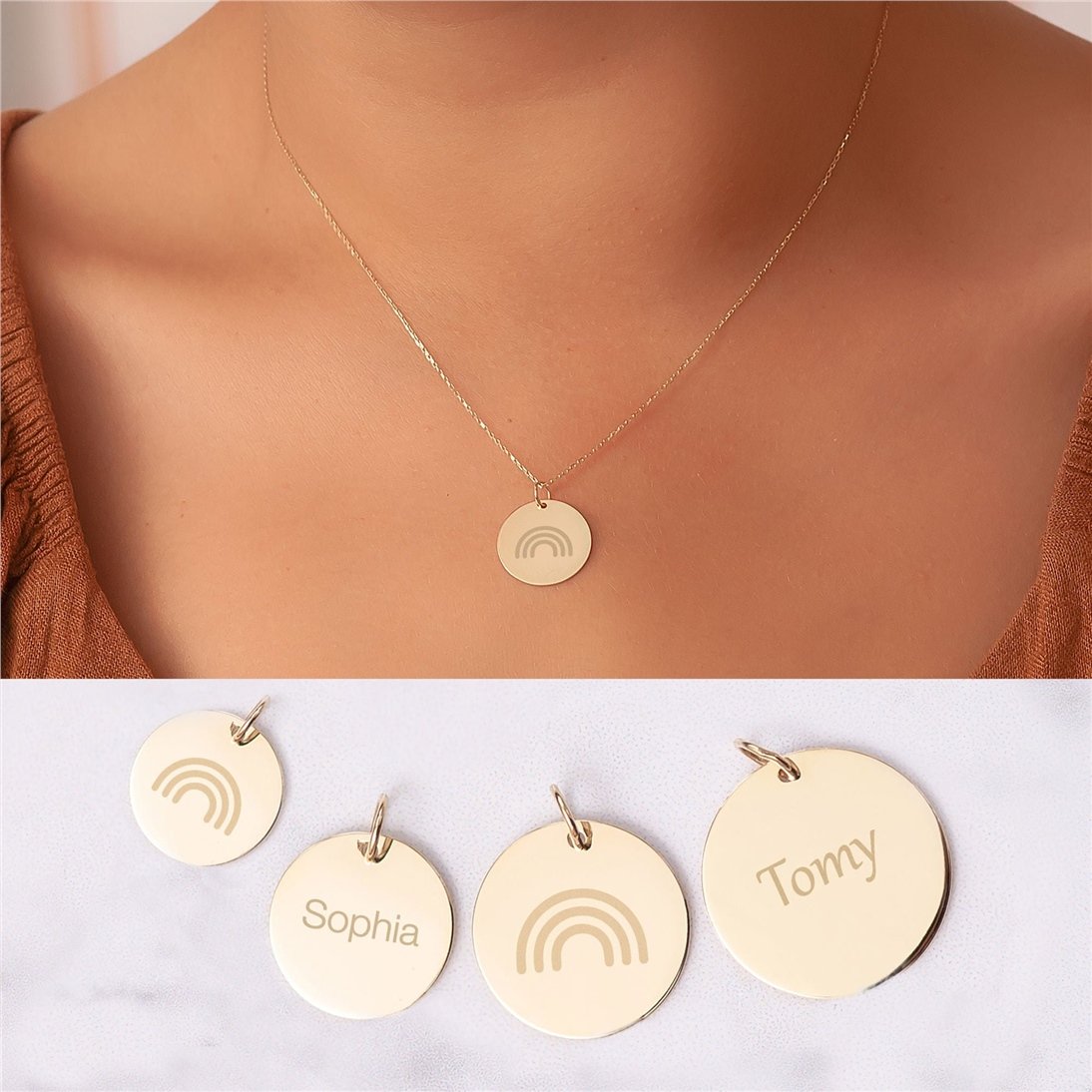 Goldstore-14K Solid Custom Engrave Rainbow Disk Necklace, Personalized Dainty Charm Pendant, Real Gold 2 Side Engravable Multi Disc Pendant Gift