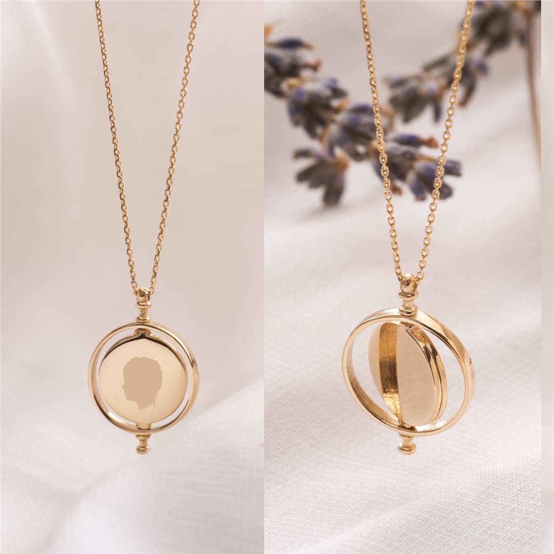 Goldstore-14K Solid Custom Engrave Spinning Disk Necklace, Personalized Dainty Charm Pendant, Real Gold 2 Side Engravable Medallion, Best Gift For Her