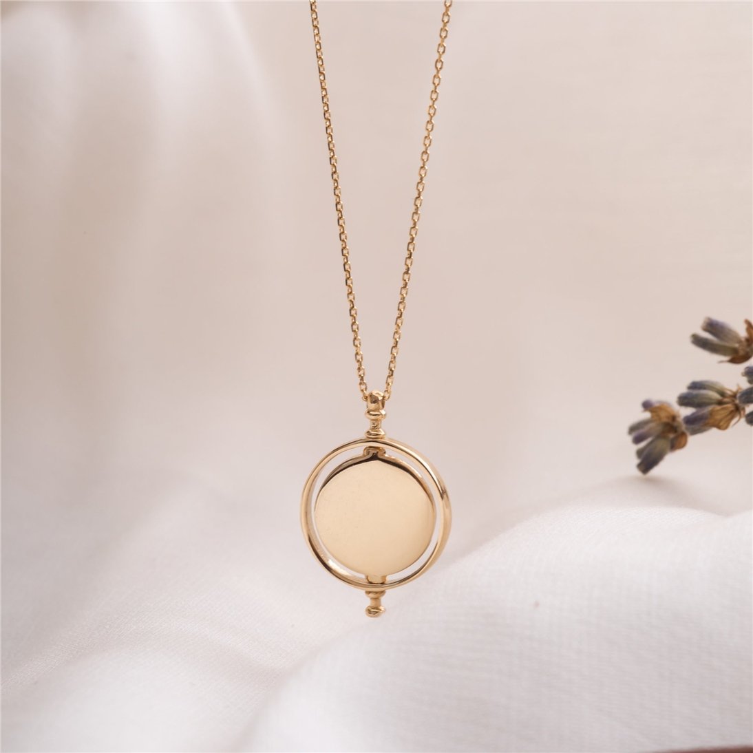 Goldstore-14K Solid Custom Engrave Spinning Disk Necklace, Personalized Dainty Charm Pendant, Real Gold 2 Side Engravable Medallion, Best Gift For Her