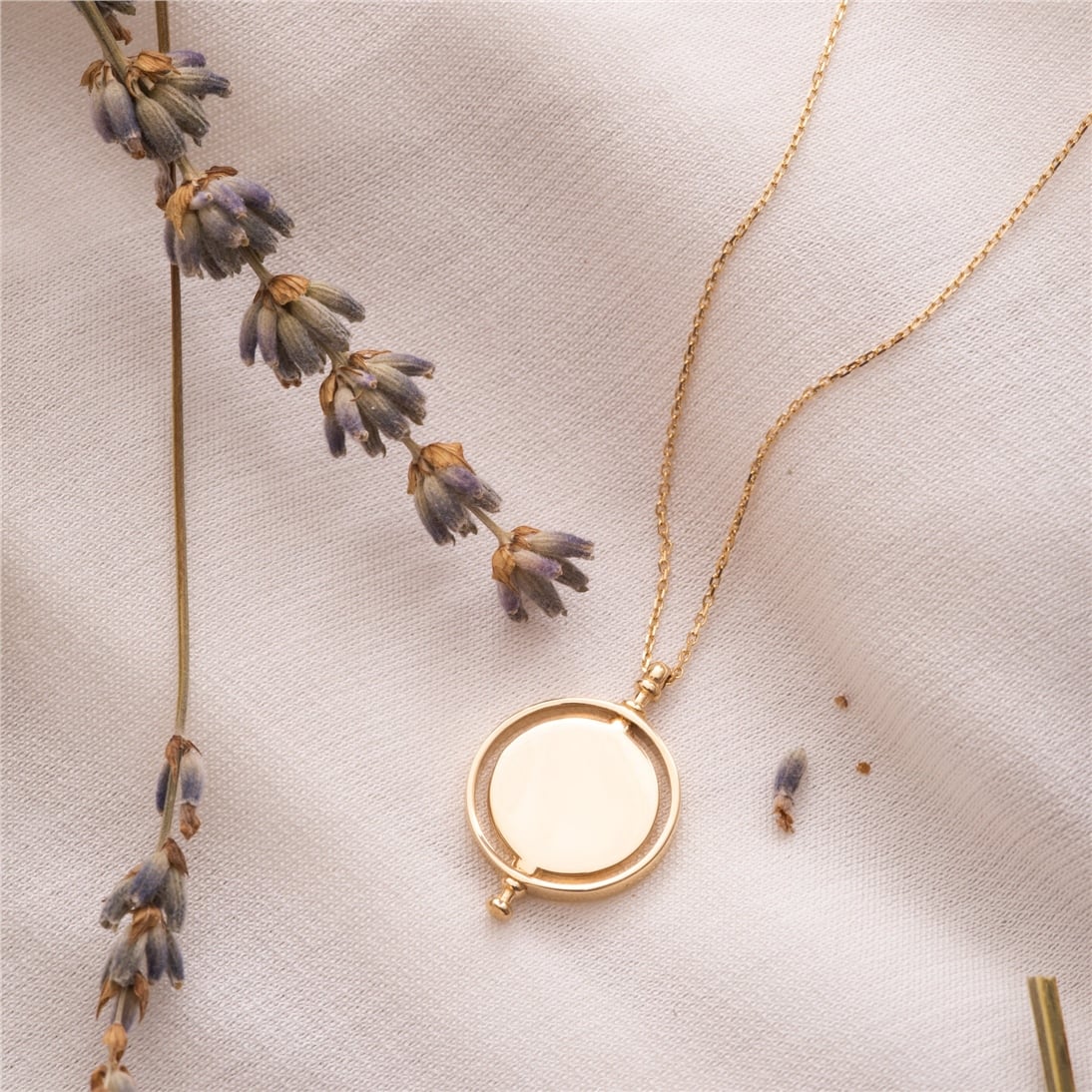 Goldstore-14K Solid Custom Engrave Spinning Disk Necklace, Personalized Dainty Charm Pendant, Real Gold 2 Side Engravable Medallion, Best Gift For Her