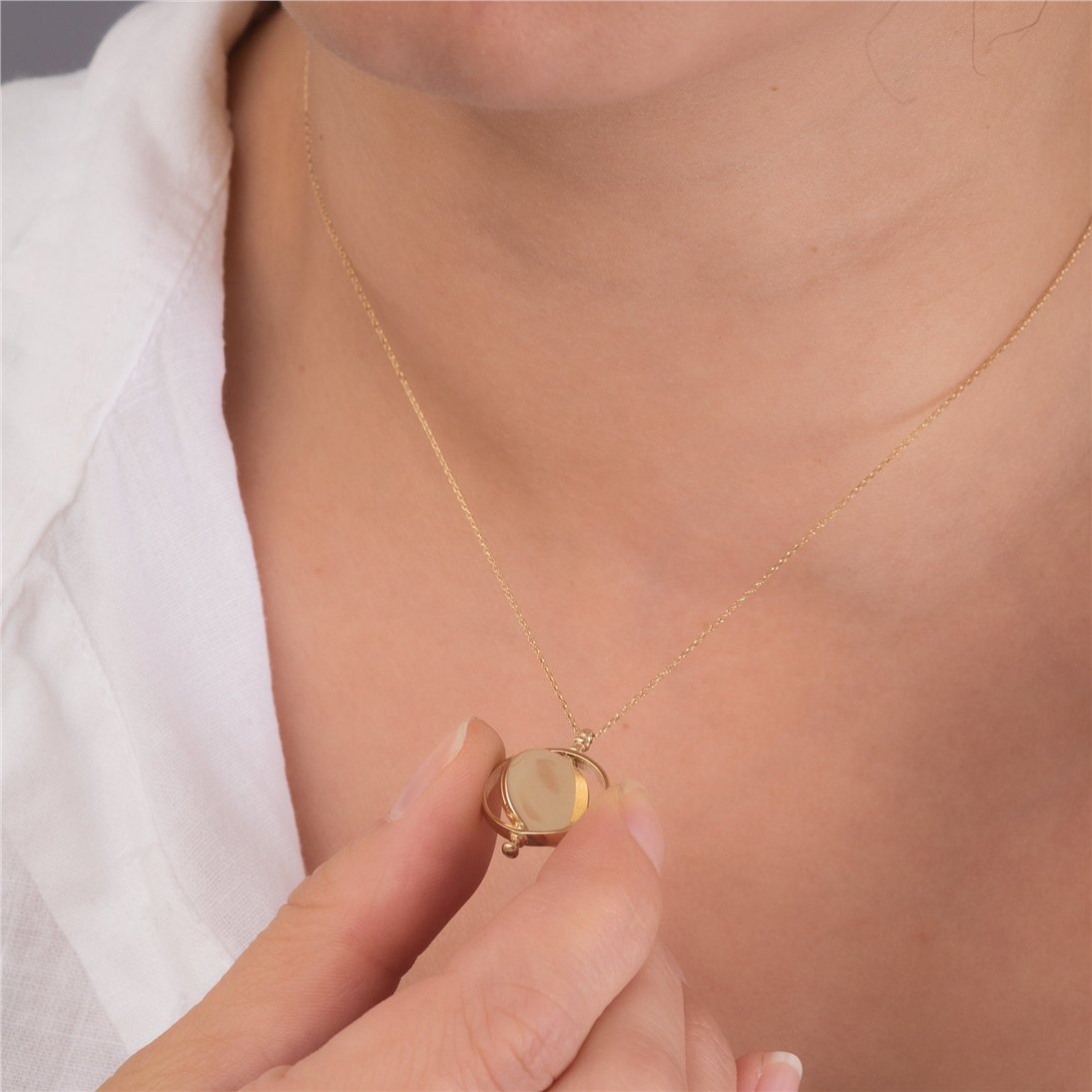 Goldstore-14K Solid Custom Engrave Spinning Disk Necklace, Personalized Dainty Charm Pendant, Real Gold 2 Side Engravable Medallion, Best Gift For Her