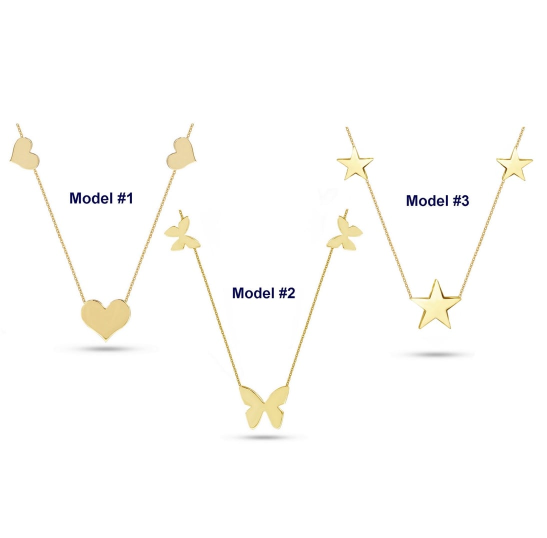 Goldstore-14K Solid Gold 1 Side Enamel Triple Butterfly Layered Necklace, Dainty Stars Gold Necklace is a Great Gift For Her. Enamel Hearts Necklace