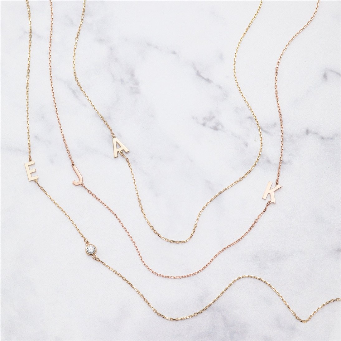 Goldstore-14k Solid Gold 2 3 4 5 Letter Necklace, 14k Solid Gold Sideways Initial Necklace, Choker Personalized Sideways Initial Letter Gold Necklace