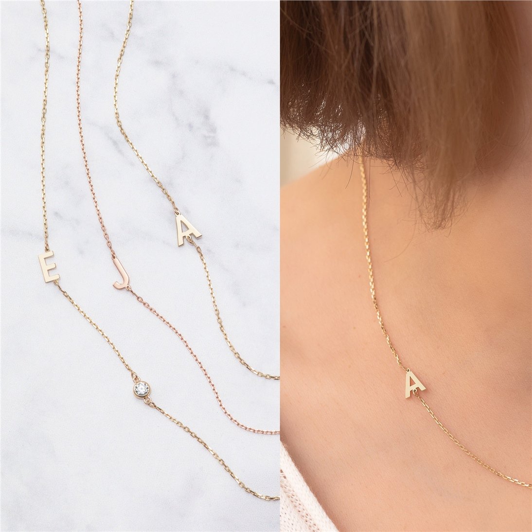 Goldstore-14k Solid Gold 2 3 4 5 Letter Necklace, 14k Solid Gold Sideways Initial Necklace, Choker Personalized Sideways Initial Letter Gold Necklace