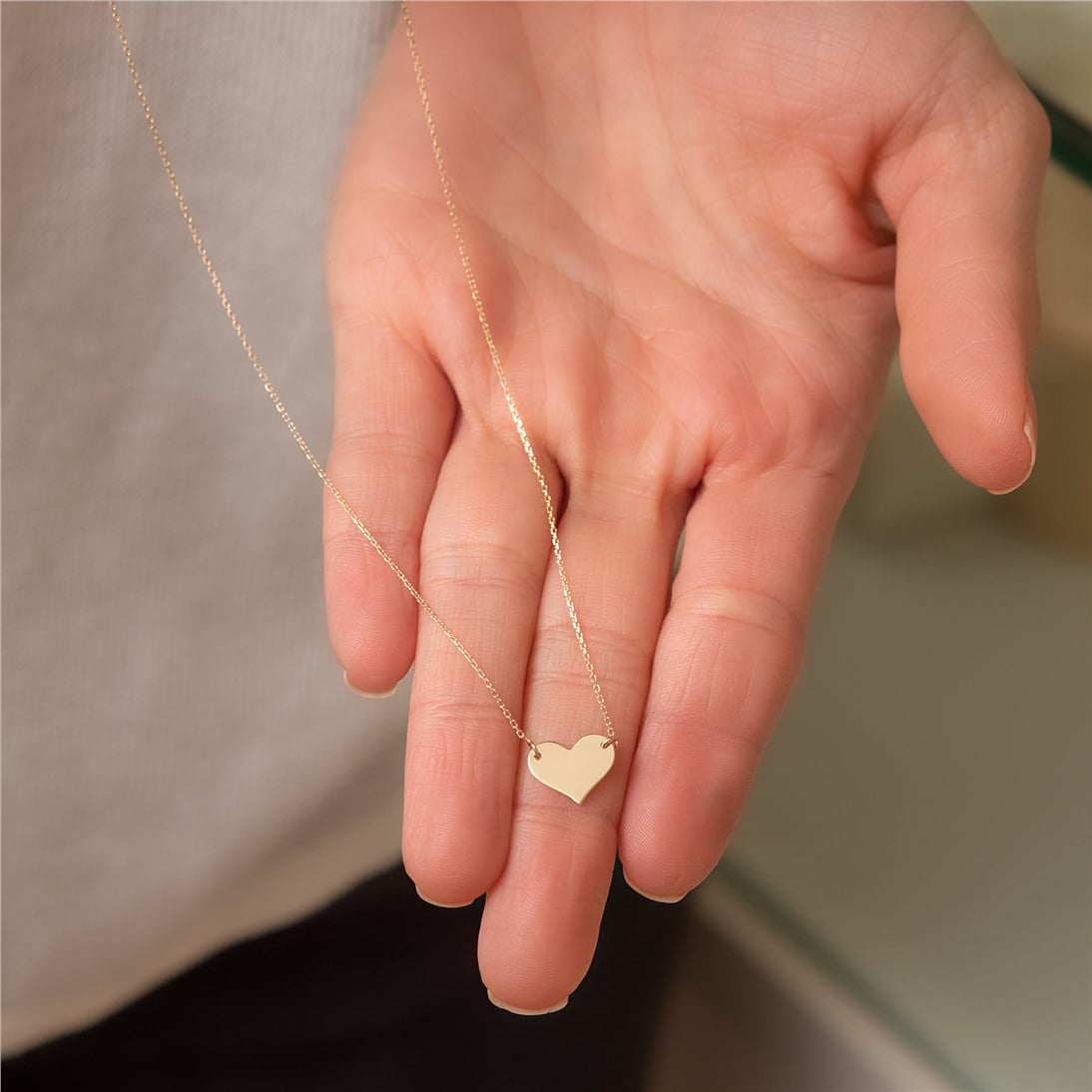 Goldstore-14K Solid Gold 2 Side Custom Engrave Heart Necklace, Personalized Minimal Heart Necklace, 14k Real Gold Engravable Heart Necklace Gift For