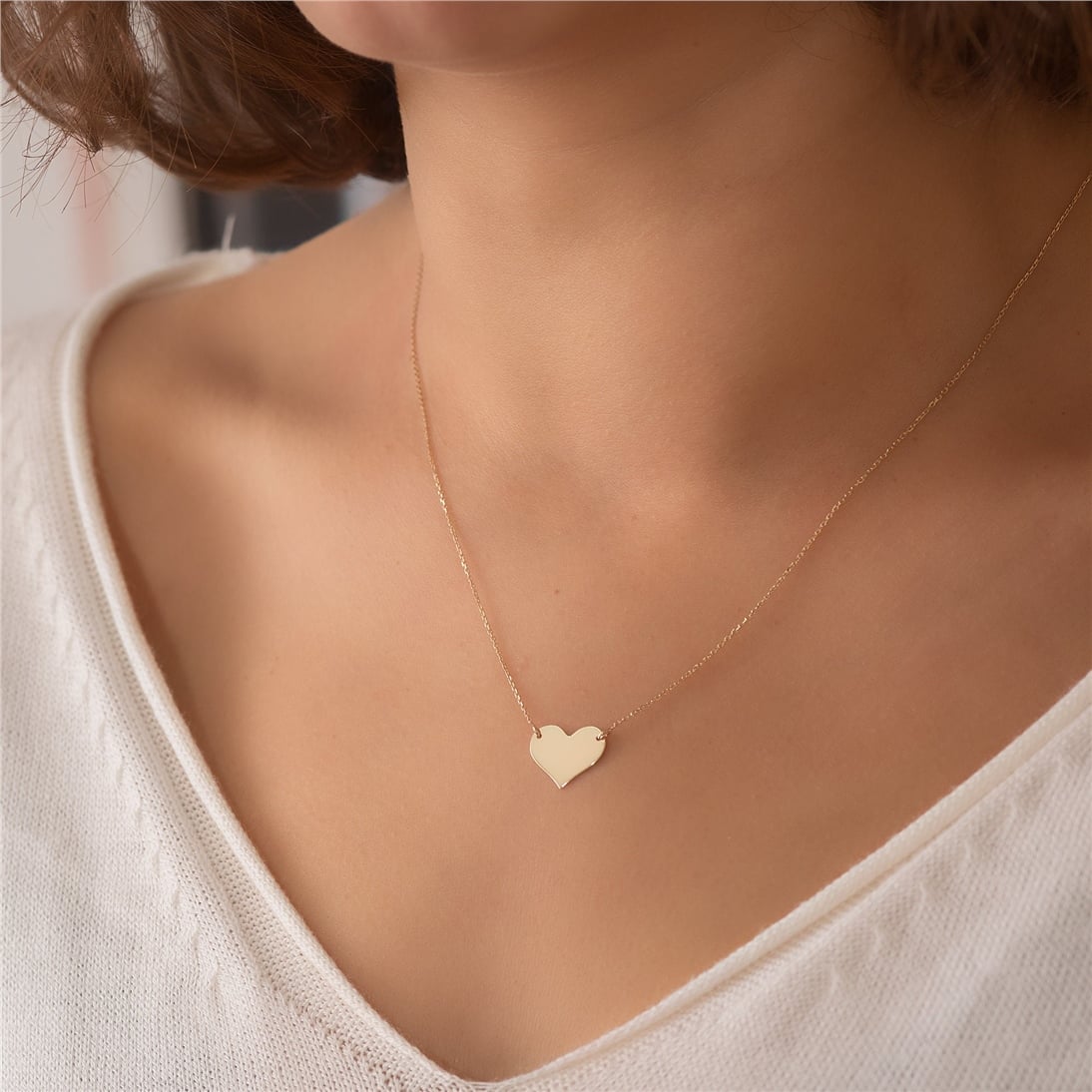 Goldstore-14K Solid Gold 2 Side Custom Engrave Heart Necklace, Personalized Minimal Heart Necklace, 14k Real Gold Engravable Heart Necklace Gift For