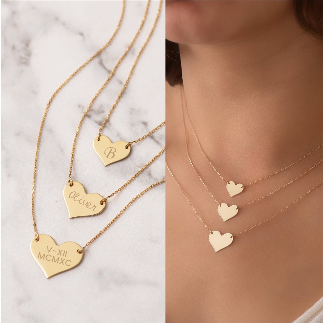 Goldstore-14K Solid Gold 2 Side Custom Engrave Heart Necklace, Personalized Minimal Heart Necklace, 14k Real Gold Engravable Heart Necklace Gift For