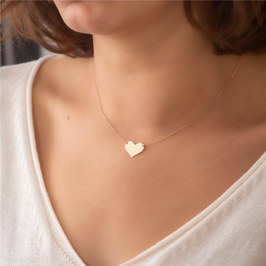 Goldstore-14K Solid Gold 2 Side Custom Engrave Heart Necklace, Personalized Minimal Heart Necklace, 14k Real Gold Engravable Heart Necklace Gift For