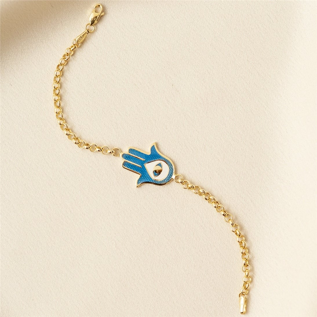 Goldstore-14K Solid Gold 2 Sided Hamsa Bracelet, Elegant Fatima Hand Rolo Chain Gold Bracelet, Gold Evil Eye Protection Bracelet Great Gift For Her.