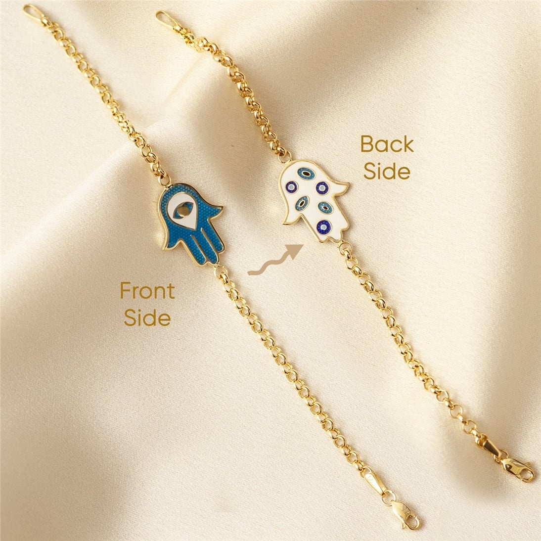 Goldstore-14K Solid Gold 2 Sided Hamsa Bracelet, Elegant Fatima Hand Rolo Chain Gold Bracelet, Gold Evil Eye Protection Bracelet Great Gift For Her.