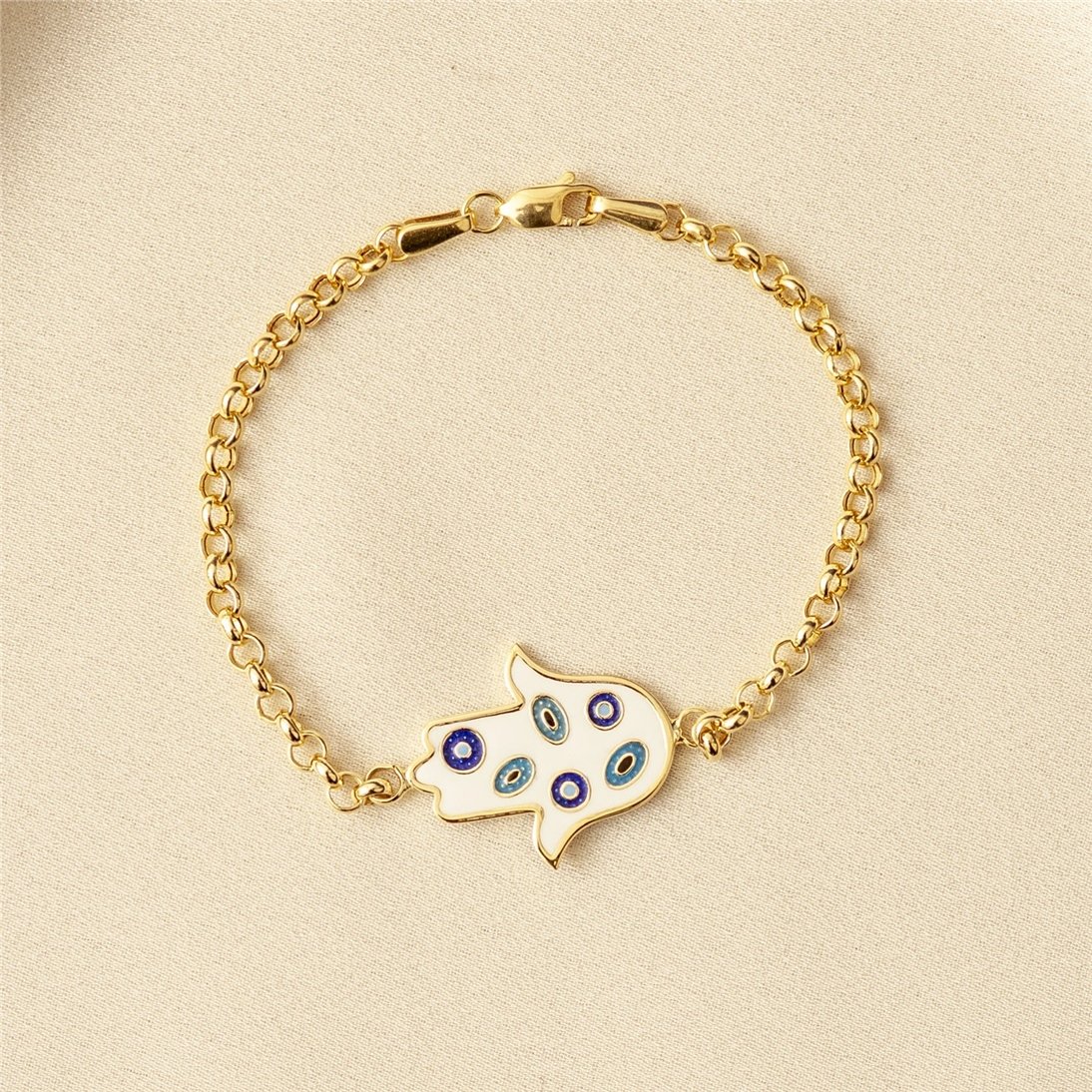 Goldstore-14K Solid Gold 2 Sided Hamsa Bracelet, Elegant Fatima Hand Rolo Chain Gold Bracelet, Gold Evil Eye Protection Bracelet Great Gift For Her.