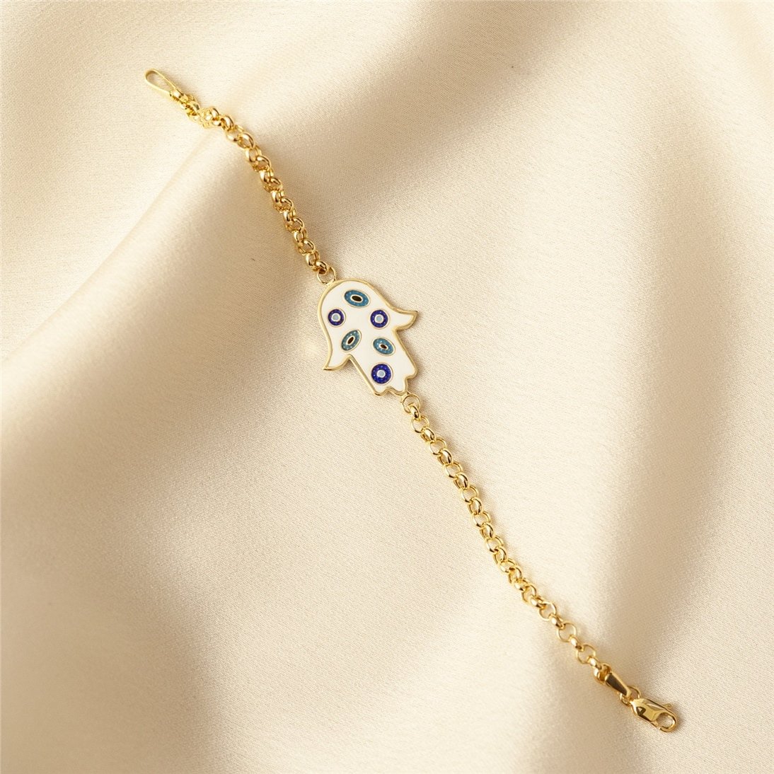 Goldstore-14K Solid Gold 2 Sided Hamsa Bracelet, Elegant Fatima Hand Rolo Chain Gold Bracelet, Gold Evil Eye Protection Bracelet Great Gift For Her.