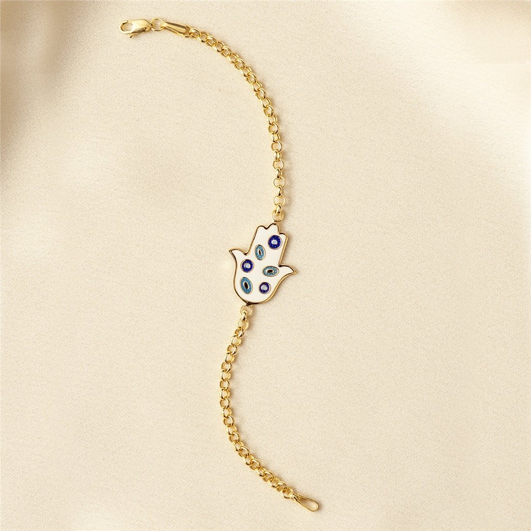 Goldstore-14K Solid Gold 2 Sided Hamsa Bracelet, Elegant Fatima Hand Rolo Chain Gold Bracelet, Gold Evil Eye Protection Bracelet Great Gift For Her.