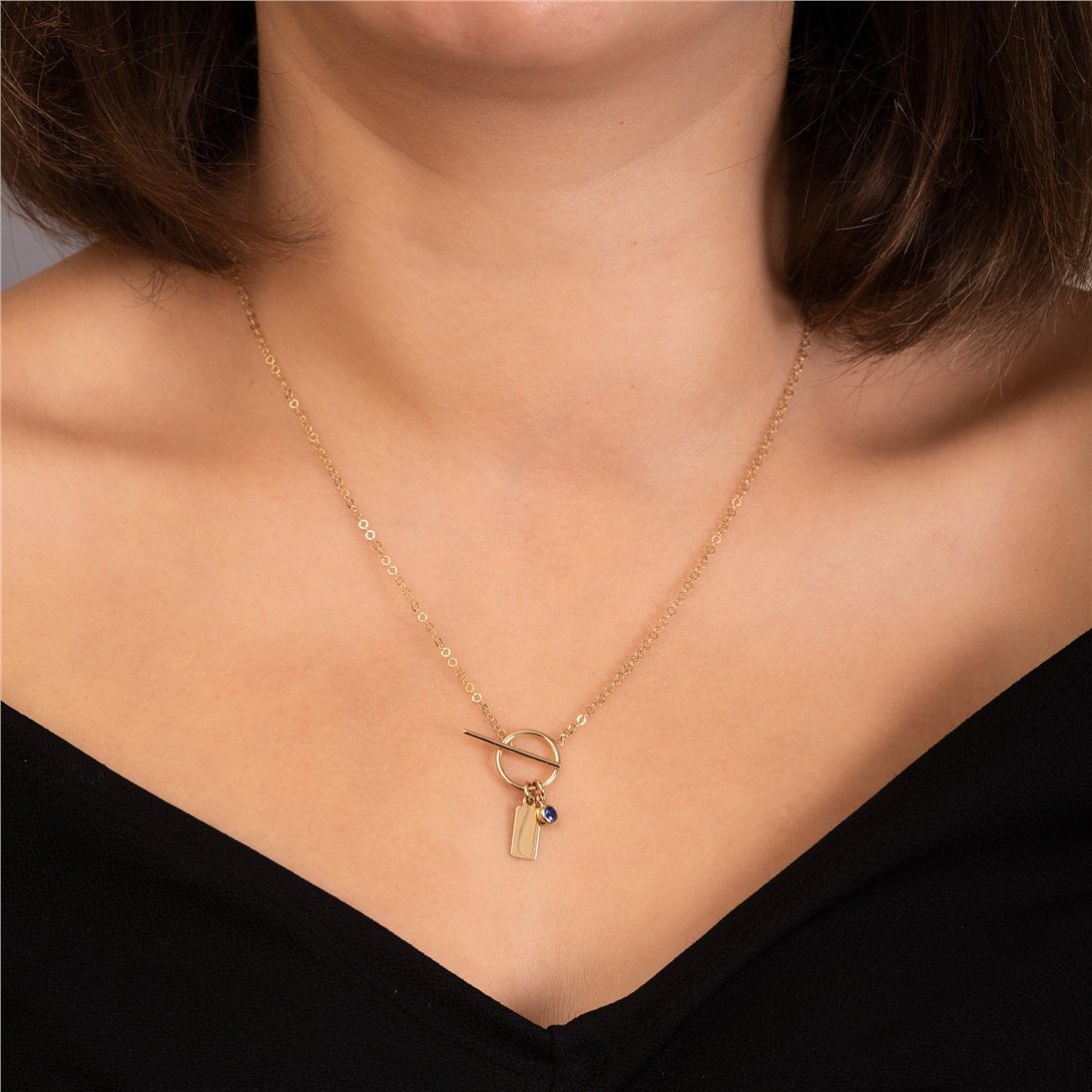 Goldstore-14K Solid Gold Birthstone & Initial Necklace, Custom Engrave Letter Name Toggle Clasp Necklace, Personalized Letter Tag Charm, Gift For Her